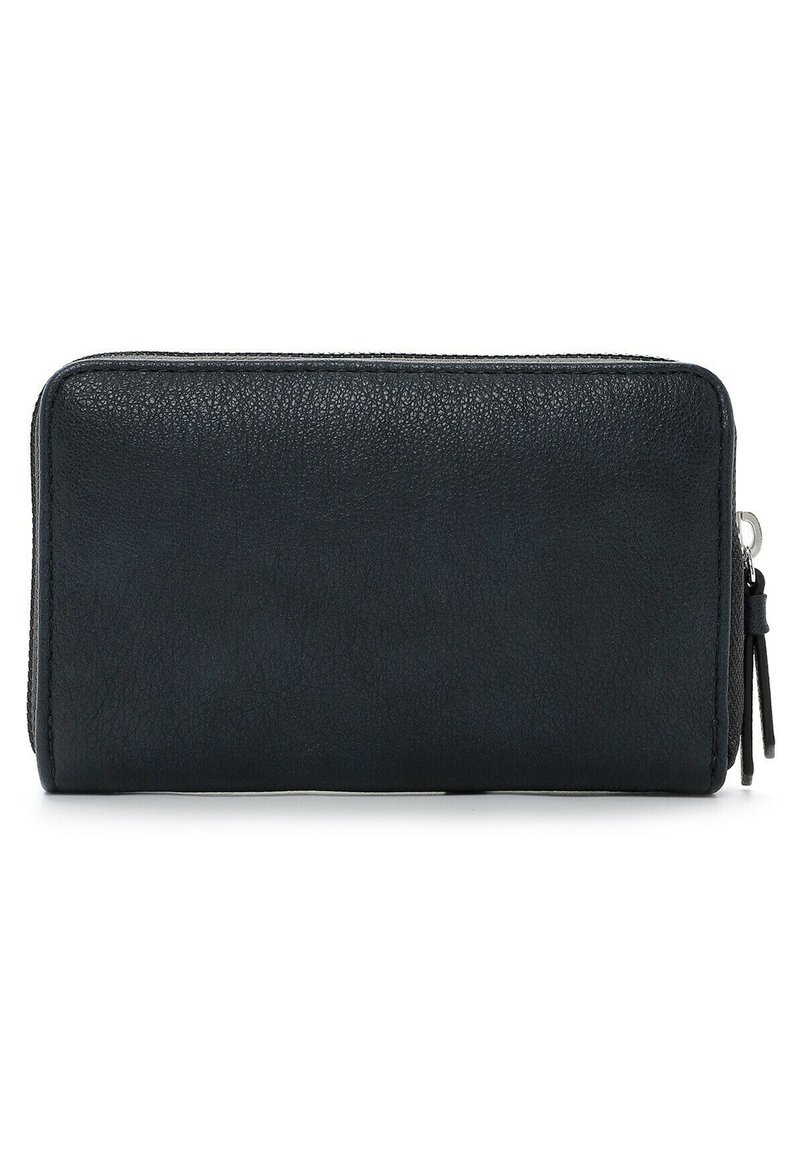 Portefeuille en cuir noir avec une surface texturée, fermeture éclair et un compartiment zippé sur le côté. Forme rectangulaire, design épuré.