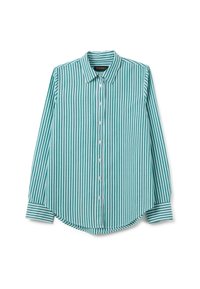 Camicia a maniche lunghe in turchese e bianco a righe, con colletto button-down, bottoni frontali e orlo arrotondato con maniche con polsini.