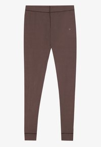 Barna leggings rugalmas anyagból. Simább textúrával rendelkezik, egyszerű dizájnjával, lapos varrásaival és egy kis logóval a derekánál.