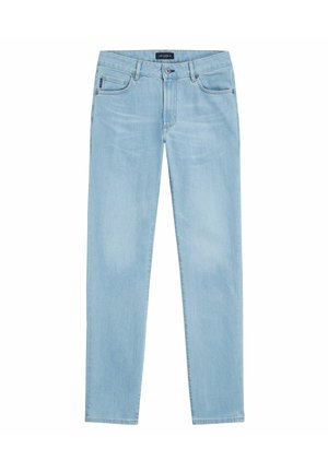 Jean en denim bleu clair avec une coupe slim, présentant un design classique à cinq poches, une fermeture à bouton et des détails légèrement décolorés.