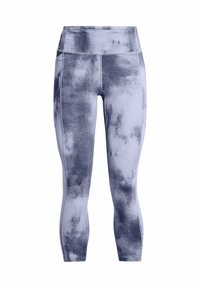Leggings capri taille haute dans un doux motif tie-dye bleu et gris, avec un tissu doux, des poches latérales et des coutures flatlock.