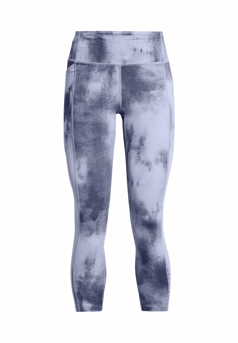 Leggings capri taille haute dans un doux motif tie-dye bleu et gris, avec un tissu doux, des poches latérales et des coutures flatlock.