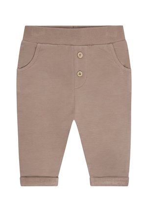 Pantaloni per neonato marrone chiaro con elastico in vita, due tasche anteriori, due bottoni decorativi e risvolti arrotolati.