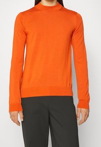 Pomarańczowy sweter z dzianiny z wysokim kołnierzem i długimi rękawami. posiada prążkowane mankiety i dół, wykonany z miękkiego, lekkiego materiału.