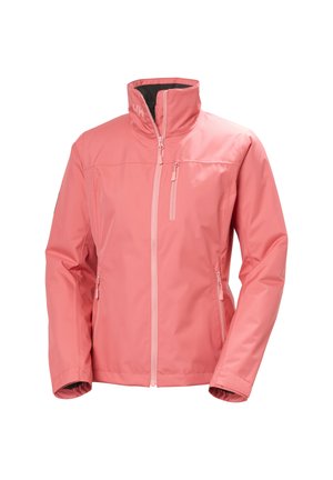 Chaqueta impermeable rosa con cuello alto, cremallera frontal, bolsillo en el pecho y bolsillos laterales, diseñada para uso al aire libre.