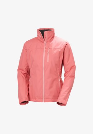 Chaqueta impermeable rosa con cuello alto, cremallera frontal, bolsillo en el pecho y bolsillos laterales, diseñada para uso al aire libre.