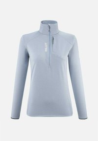 Pullover en polaire bleu clair avec un col zippé, motif en grille texturé, manches longues et accents noirs contrastants aux poignets.