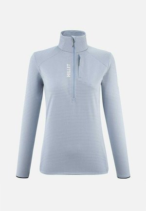Light blue fleece pullover with a zippered neck, textured grid pattern, long sleeves, and contrasting black accents at the cuffs.