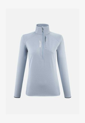 Light blue fleece pullover with a zippered neck, textured grid pattern, long sleeves, and contrasting black accents at the cuffs.