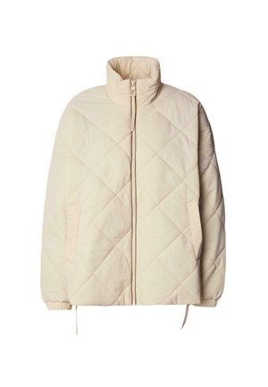 Quilted beige Jacke mit hohem Kragen, Frontreißverschluss und elastischen Bündchen. Mit diagonaler Naht und zwei Seitentaschen. Leichter Stoff.