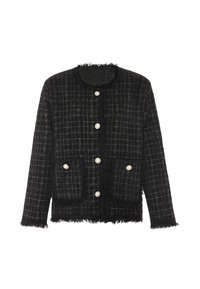 Sacou din tweed negru cu model în grilă albă, butoni din perle, două buzunare frontale și margini desfăcute la guler, manșete și tiv.
