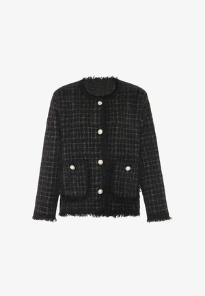 Sort tweedjakke med hvidt rutenet mønster, perleknapper, to forreste lommer og frynset kant på krave, manchetter og søm.