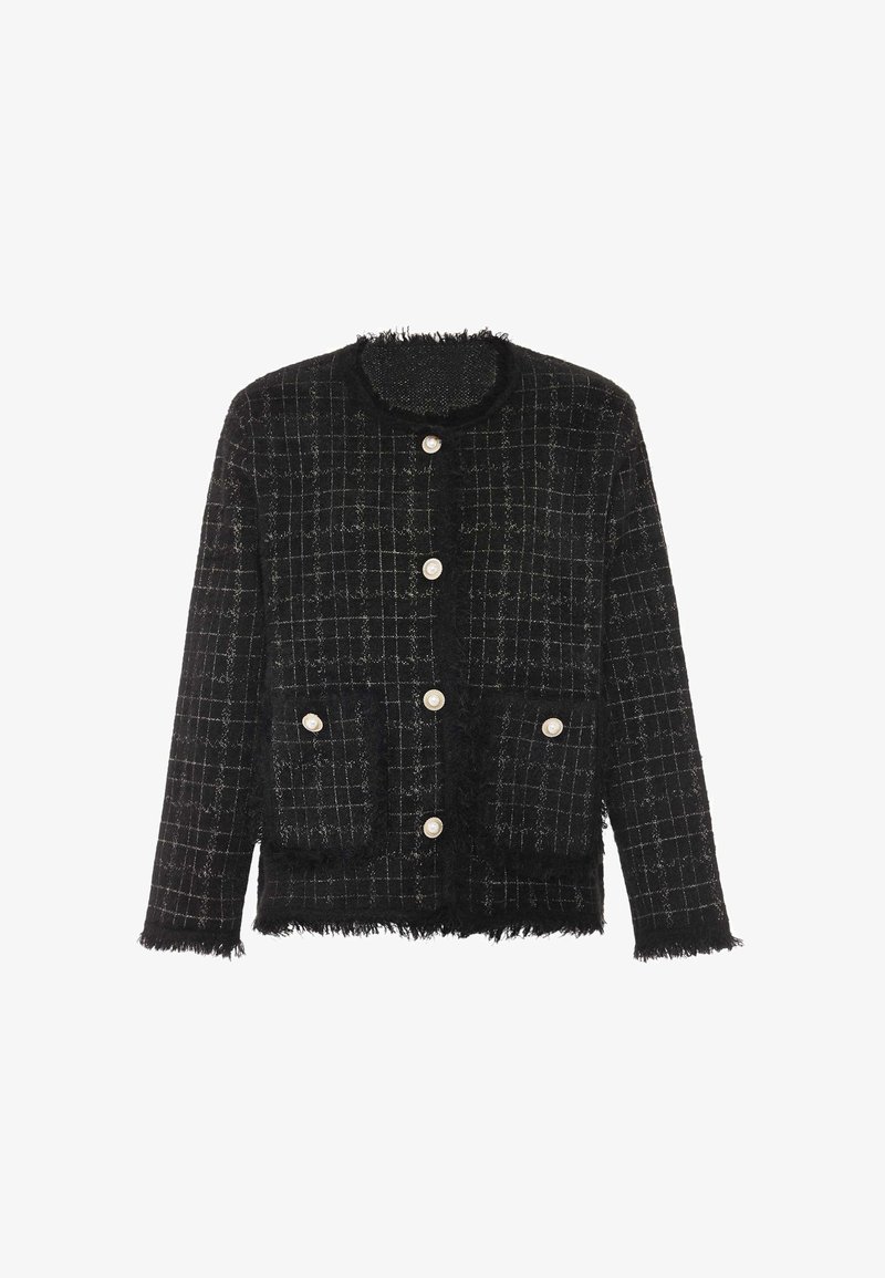 Sacou din tweed negru cu model în grilă albă, butoni din perle, două buzunare frontale și margini desfăcute la guler, manșete și tiv.