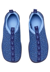 Blue fabric slippers with a textured, multi-hued design. Features a soft inner lining and navy blue accents with playful character graphics.
