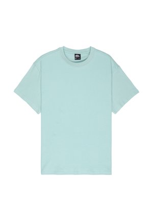 Licht turquoise katoenen T-shirt met korte mouwen, ronde hals en een relaxte pasvorm. Glad oppervlak, minimalistisch design, merketiket zichtbaar bij de kraag.