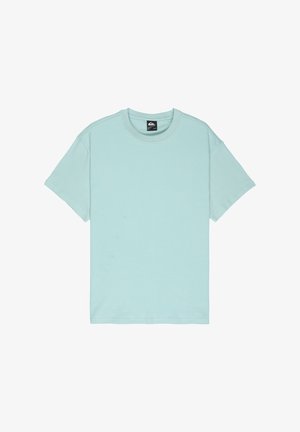 Licht turquoise katoenen T-shirt met korte mouwen, ronde hals en een relaxte pasvorm. Glad oppervlak, minimalistisch design, merketiket zichtbaar bij de kraag.