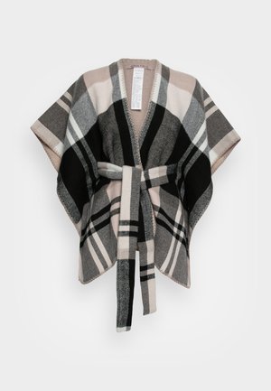 Black, gray, pink, and white plaid poncho with open front, a tie belt at the waist, and textured fabric. Features wide sleeves and a knee-length design.