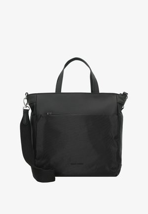 Borsa tote nera con un design elegante, forma rettangolare, tessuto testurizzato, manici superiori e una tracolla rimovibile. Incluso tasca con zip anteriore.