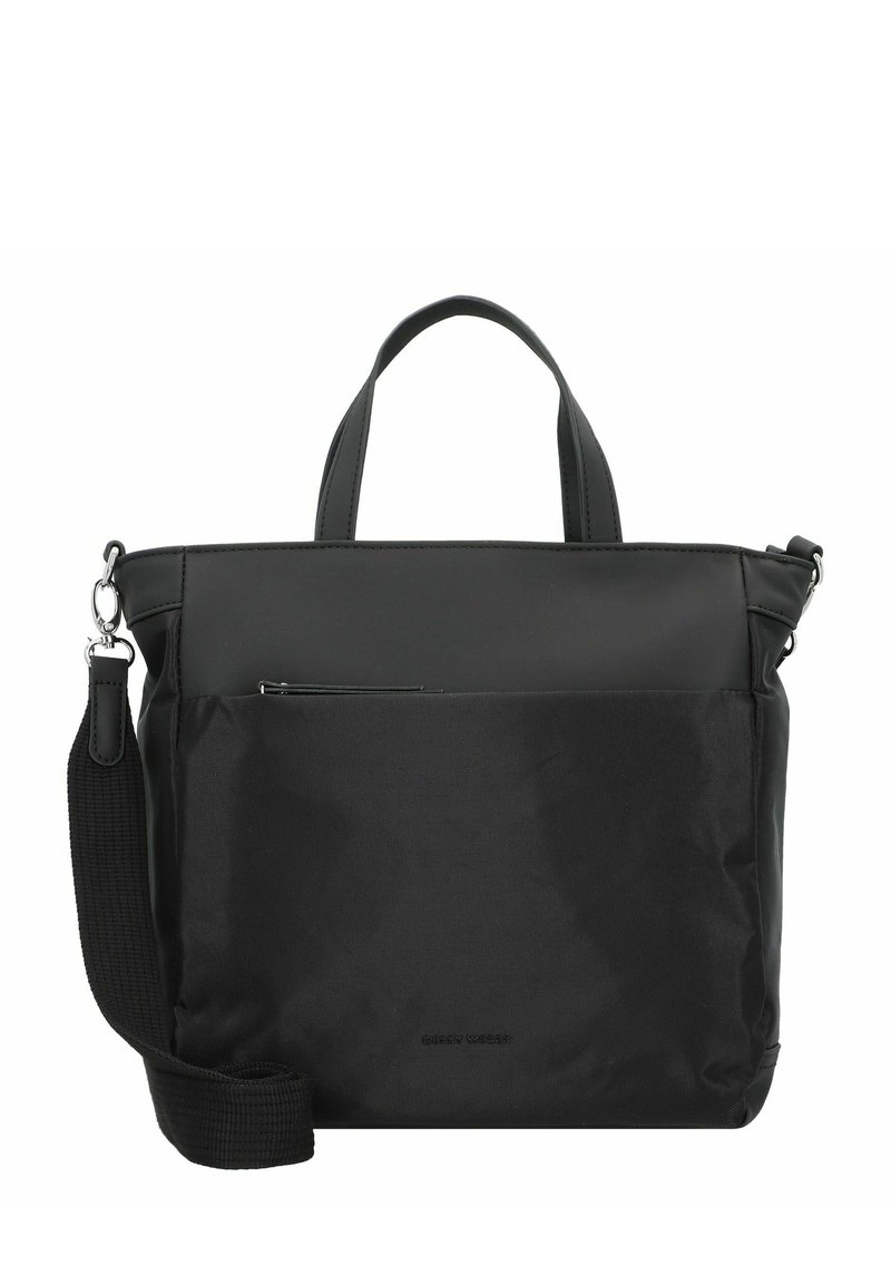 Borsa tote nera con un design elegante, forma rettangolare, tessuto testurizzato, manici superiori e una tracolla rimovibile. Incluso tasca con zip anteriore.