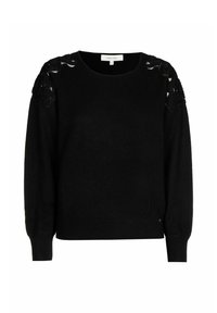 Pull noir à manches longues avec col rond, poignets et ourlet côtelés, présentant des détails en dentelle florale découpée sur les épaules.