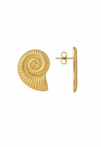 Orecchini dorati a forma di conchiglia nautilus, con un design a spirale e coste, dotati di chiusura a perno. Finitura testurizzata.