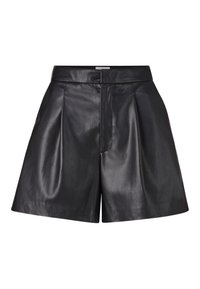 Shorts en cuir noir avec une texture lisse, dotés de plis à l'avant, taille mi-haute et d'un design ajusté. Pas de matériel visible.