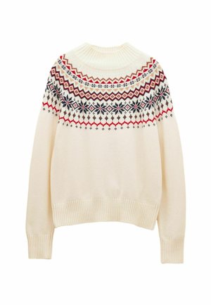 Kremkrāsas džemperis ar apaļu kaklu, kam ir raksturīga rakstaina yoke sarkanā, zilā un brūnā ģeometriskajā dizainā. Ribu aproces un apakša.
