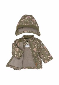 Zielona oliwkowa kurtka w kwiatowy wzór, zapinana na zamek, z dopasowanym kapturem. Miękka podszewka wewnętrzna i teksturowana zewnętrzna część z zatrzaskami.