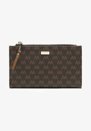 Brown patterned zip wallet featuring a logo, smooth texture, and a gold accent. Compact rectangular shape with a zipper closure.