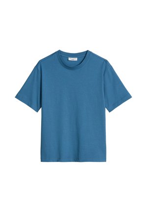 Blue short-sleeve crew neck t-shirt with a straight hem, displayed flat against a white background.