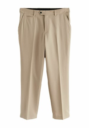 Beige Hosen aus glattem Stoff mit flachem Frontschnitt, Seitentaschen und einer einzelnen Gesäßtasche. Standardbund mit Knopfverschluss.