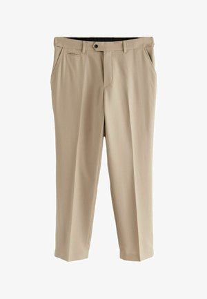 Beige Hosen aus glattem Stoff mit flachem Frontschnitt, Seitentaschen und einer einzelnen Gesäßtasche. Standardbund mit Knopfverschluss.