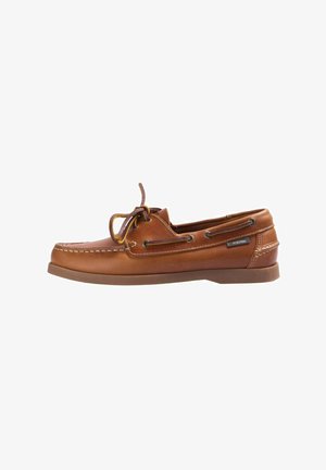 Tanfarbene Lederbootsschuh mit gestickten Details, runder Zehe, Schnürung vorne und Gummisohle. Mit Metallaugen und Logoschild.