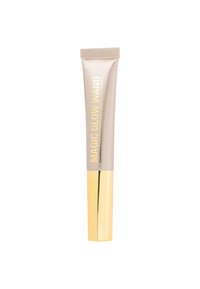 Tubetto di trucco illuminante con corpo beige e estremità dorata per il dosaggio; etichettato "Magic Glow Wand" in grassetto dorato. Design liscio e elegante.