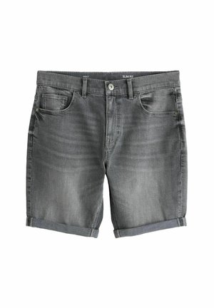 Slim fit grey denim shorts with rolled hems, front button and zipper, belt loops, and five-pocket styling.