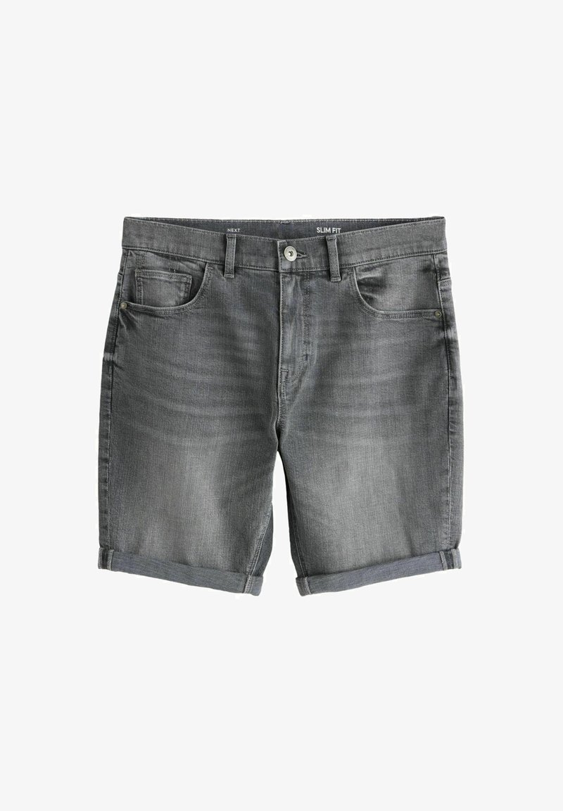 Sivé rifľové šortky s úzkym strihom, olemované vyhrnutými lemami, predným gombíkom a zipsom, pútkami na opasok a päťvreckovým dizajnom.