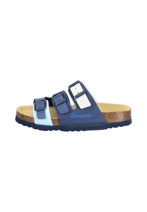 Blaue und hellblaue Sandale mit drei Riemen, die verstellbare Schnallen, ein Korkfußbett und eine strukturierte Gummisohle aufweist. Prominentes Markenlogo an der Seite.