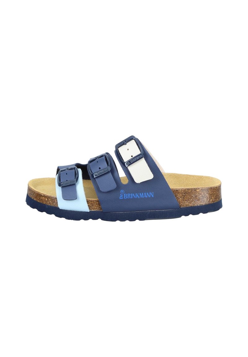 Sandal con tre cinturini blu e azzurri, dotato di fibbie regolabili, plantare in sughero e suola in gomma testurizzata. Logo del marchio in evidenza sul lato.