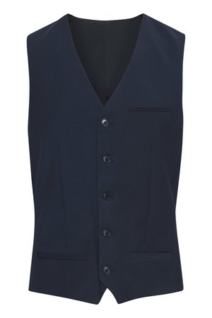 Marinblå väst i slätt tyg med V-ringning, sex knappar, två framfickor och en bröstficka.