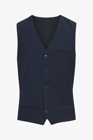 Tengerészkék mellény sima anyagból, V-nyakkivágással, hat gombbal, két elülső zsebbel és egy mellzsebbel.