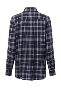 Navy and gray plaid flannel shirt with a collar, long sleeves, and buttoned cuffs. Pattern consists of large squares outlined in light blue.
