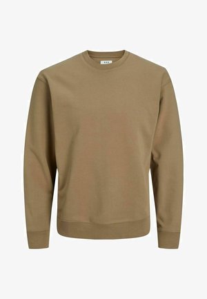 Hnedý svetrový mikina s okrúhlym výstrihom vyrobená z jemnej tkaniny. Má dlhé rukávy, rebrované manžety a rovný lem. Minimalistický dizajn bez vzorov.