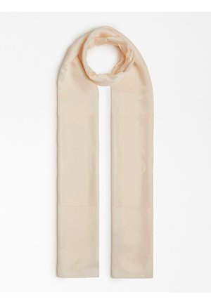 Écharpe longue rectangulaire beige clair, doucement drapée avec une boucle en haut sur fond blanc.