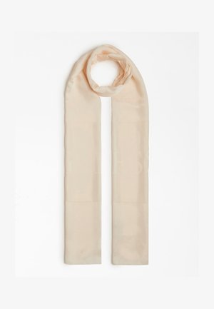 Écharpe longue rectangulaire beige clair, doucement drapée avec une boucle en haut sur fond blanc.