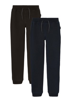 Two pairs of sweatpants: one black, one dark blue. Both have elastic waistbands, drawstrings, and fitted cuffs. Soft fabric texture.
