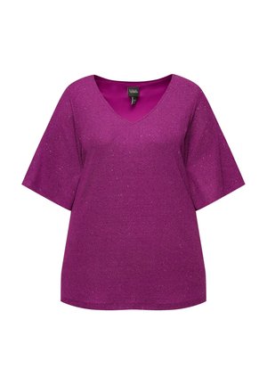 Värikäs, lyhythihainen toppi V-päällä, jossa on karkea pinta, jossa on hienovaraisia kimalteita. Rentoa istuvuutta, suora helma.