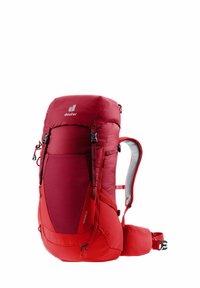 Red hiking backpack with a structured design, featuring padded shoulder straps, mesh back panel, and multiple compartments for storage.