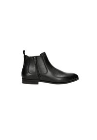 Schwarze Leder-Stiefeletten verfügen über eine glatte Oberfläche, einen niedrigen Blockabsatz, doppelte seitliche Reißverschlüsse und eine Zuglasche an der Rückseite für ein einfaches Anziehen.