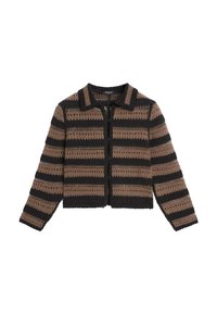 Gehäkelte Langarm-Strickjacke mit braunen und schwarzen horizontalen Streifen, Knopfleiste vorne und Kragen.