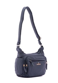 Borsa a spalla in pelle blu scuro con tracolla regolabile, dotata di due tasche frontali con zip e finiture in oro. Superficie testurizzata.